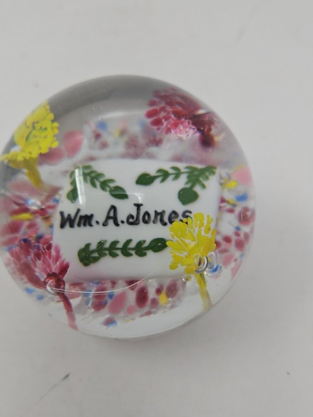Vintage 1940s Degenhart Glass Paperweight Name Plaque Wm A. Jones Fluorescent